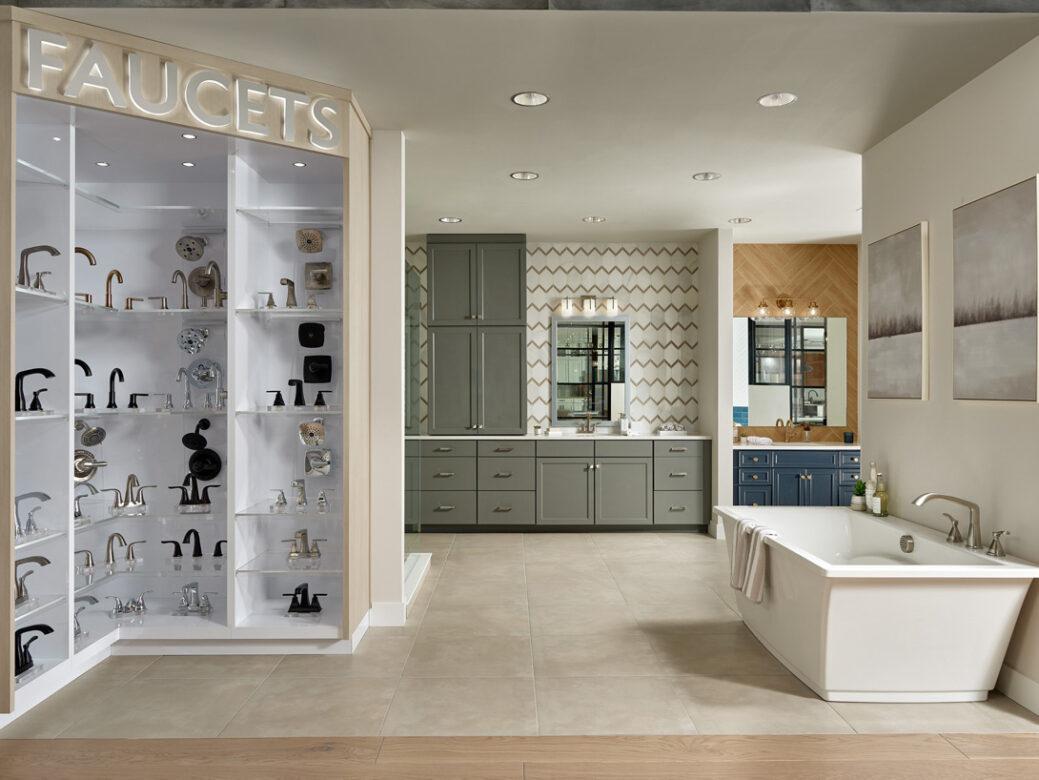 Bathroom displays with tile, faucets and lighting selections.